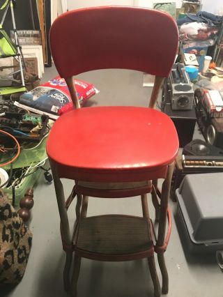 Vintage Cosco Step Stool Chair Fold Out Red Chrome Metal Industrial