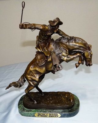 Frederic Remington Bronco Buster Bronze Statue 14.  5 " Sculpture Marble Base