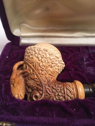 Vintage Signed Estate Ram’s Head Tobacco Smoking Pipe With Fitted Purple Case 2