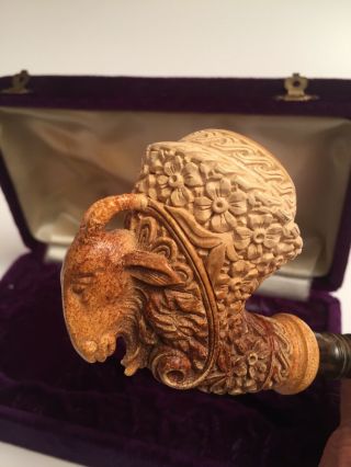 Vintage Signed Estate Ram’s Head Tobacco Smoking Pipe With Fitted Purple Case 4