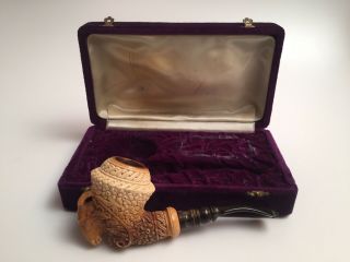 Vintage Signed Estate Ram’s Head Tobacco Smoking Pipe With Fitted Purple Case 6