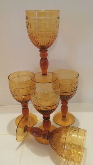 Vintage Art Deco Amber Wine Water Goblets Glass Set Of 5
