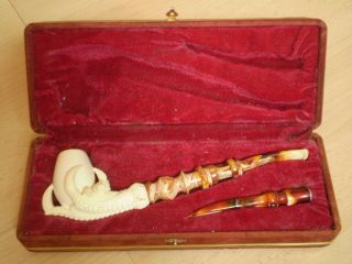 Signed Cased Antique Style Meerschaum Pipe & Pipe Tamper,  Eagle Claw Design
