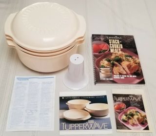 Vintage 5 Pc Tupperware Microwave Tupperwave Stack Cooker Set,  Cookbook,  Papers