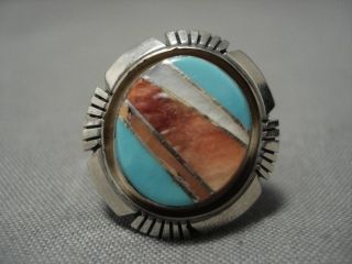 Impressive Vintage Navajo Sterling Silver Turquoise Inlay Ring Old