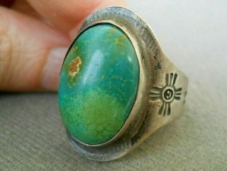 Old Native American Teal Green Turquoise Sterling Silver Stamped Ring Size 10.  5