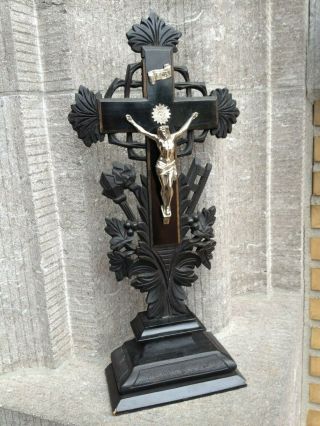 Antique Altar Standing Carved Wood Cross Crucifix Tools Of Passion Metal Jesus /
