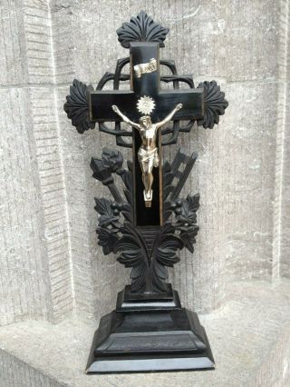 ANTIQUE ALTAR STANDING CARVED WOOD CROSS CRUCIFIX TOOLS OF PASSION METAL JESUS / 2