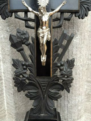 ANTIQUE ALTAR STANDING CARVED WOOD CROSS CRUCIFIX TOOLS OF PASSION METAL JESUS / 5