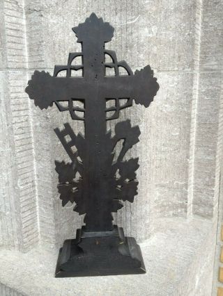ANTIQUE ALTAR STANDING CARVED WOOD CROSS CRUCIFIX TOOLS OF PASSION METAL JESUS / 8