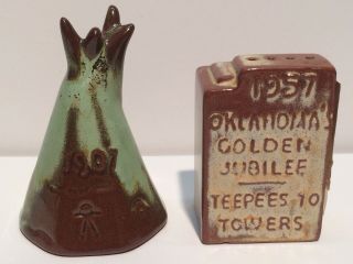 Rare 1957 Frankoma Oklahoma Golden Jubilee Teepees To Towers Salt Pepper Shakers