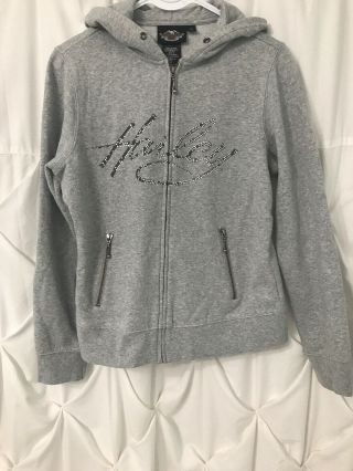 Harley Davidson Full Zip Gray Hoodie Womens With Bling Lettering Pre Owned