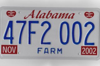 47 F2 002 = 2002 Madison County Alabama Farm License Plate Mancave Art