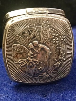 Djer Kiss Kerkoff Antinque Powder Compact Silver Plated 1917 Art Noveau Fairies