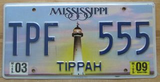 Mississippi 2009 Tippah County Triple Number " 5 " License Plate Tpf 555