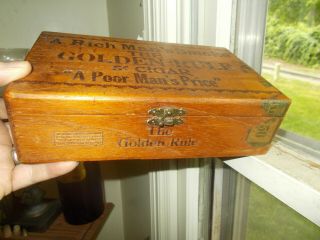 Antique Dovetailed Wood Cigar Box " The Golden Rule 5 Cent Cigar " Brass Latch