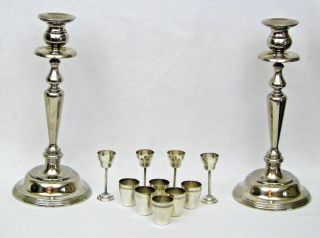 Shabbat Set 800 Silver Cordial Cups Kiddush Cups Candlesticks,  Hebrew Inserts