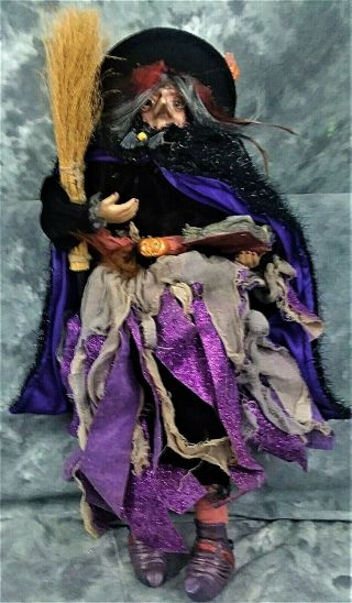 Collectible Witch Doll W/black Glittery Cape,  Broom,  Bat & Pumpkin Accessories