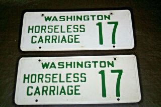 Pair Antique Green & White Washington State Horseless Carriage License Plate 17