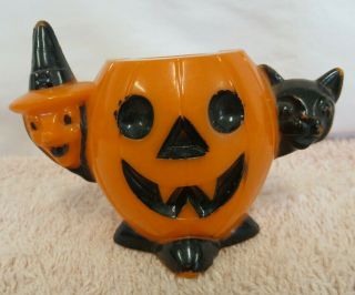 Vtg Hard Plastic Rosbro Halloween Jack - O - Lantern W/ Witch & Cat Candy Container