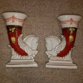 Pair Vintage Art Deco Mid - Century Pegasus Vases Taube China Hand Painted