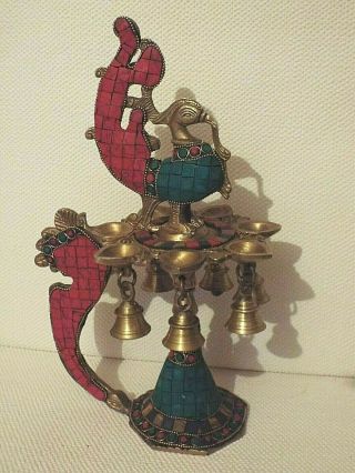 Purpledip Diya Brass 13 " Peacock Hindu Indian Religeous Oil Bells Statue Deepak