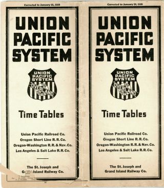 Union Pacific Railroad System Passenger Time Table,  January 18,  1928 - 94 Panels
