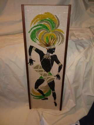 Vtg Mid Century Wood Framed Wall Picture Mardi Gra Color Beads Feathers 36 " X13 "