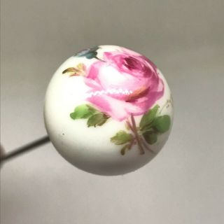 Antique Hat Pin Hand - Painted Porcelain Sphere.  Sweet Pink Rose & Bud.  A Beauty.