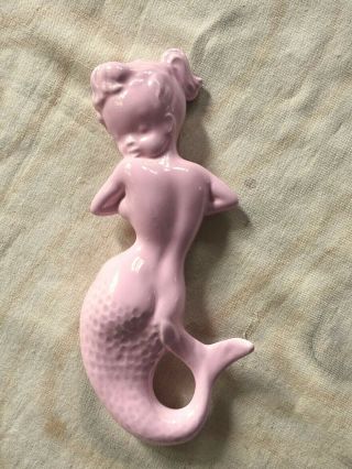 Vintage 1950 ' s Pink Ceramic Sexy Mermaid Mom w/2 Babies Wall Hanging Set - XLNT 3
