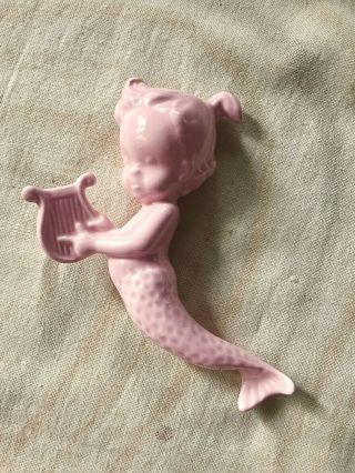 Vintage 1950 ' s Pink Ceramic Sexy Mermaid Mom w/2 Babies Wall Hanging Set - XLNT 4