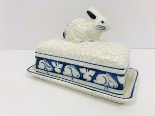 Vintage Bunny/rabbit Crackle Design Butter Dish White & Blue Signed Mwd 