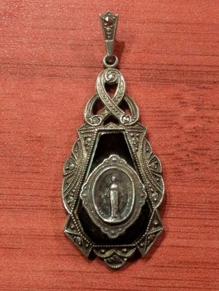 Vintage Theda Sterling Onyx Miraculous Medal Pendant Virgin Mary Catholic Church