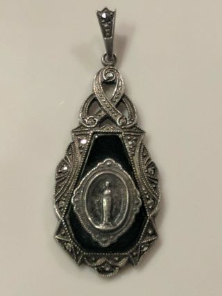 Vintage Theda Sterling Onyx Miraculous Medal Pendant Virgin Mary Catholic Church 3