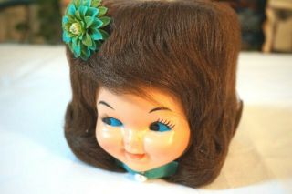 Vintage 1974 Kleenex Tissue Box & Retro Curl Brunette Doll Face Cover Kitsch 3