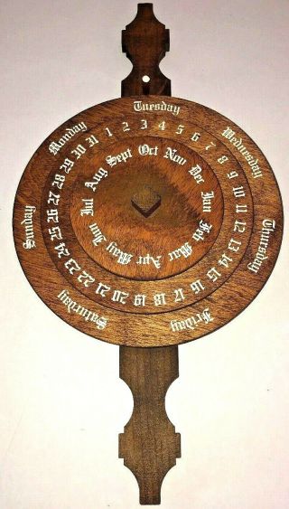 Handmade Perpetual Calendar Date Round Wood Wall Hand Folk Art Vintage Swiss