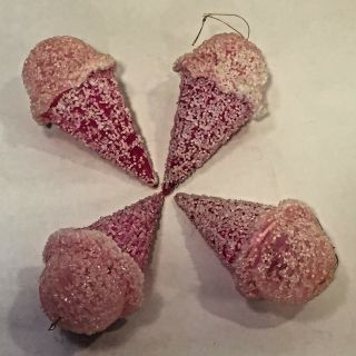 4 Htf Vtg Mcm Hard Plastic Sugared Ice Cream Cone Xmas Ornaments Pink Red 4.  5 "
