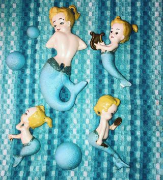 Rare Vintage Mom & Babies Ceramic Mermaid Wall Plaque Hanging 7 Pc Set & Bubbles