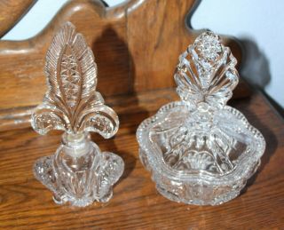 Vintage 2 Pc Vanity Set Clear Glass Powder Box And Perfume Bottle