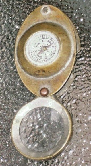 Vintage Made In Occupied Japan " Small Compass & Magnifier Set Brass Case