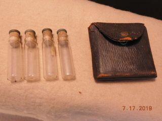 Antique 1920 Leather Carrying Case W Four Medicine Glass Vials W Cork Metal Lids