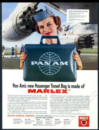 1959 Pan Am Airlines Stewardess Flight Bag Plane Photo Marlex Vintage Print Ad