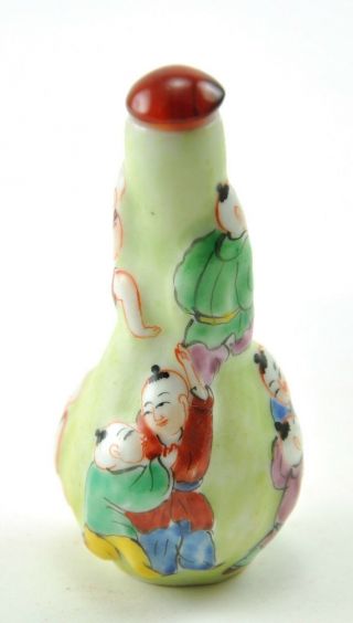 Vintage Chinese Porcelain Snuff Bottle Hand Painted Agate Stopper Children Kids