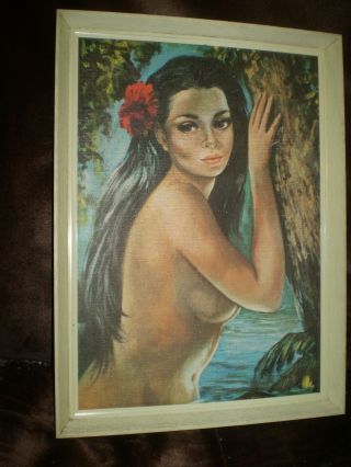 1960 ' s retro kitsch FRAMED PRINT OF A EXOTIC NAKED BEAUTY in plastic fame 17x11 2