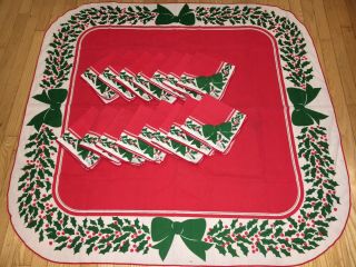 Vintage Christmas Vera Tablecloth Holly Berry & Bows W/ 15 Matching Napkins