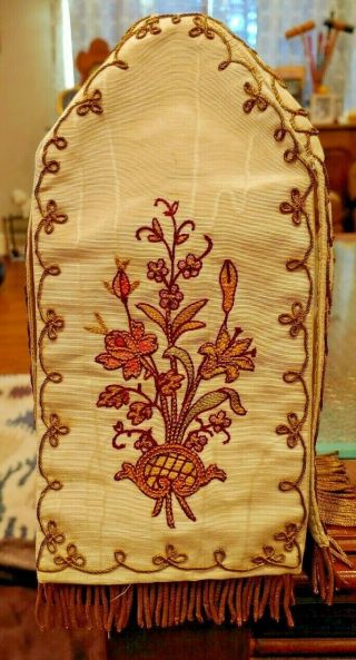 A 19th Century Hand Painted On Silk Chalice Cover Gold Fringe