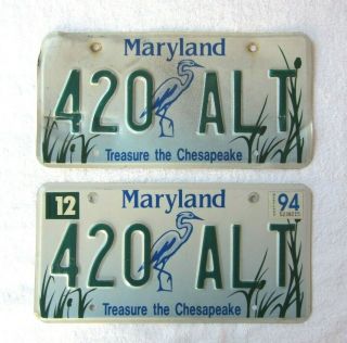 Vintage 1994 Maryland License Plates,  Pair,  1st " Treasure The Chesapeake "