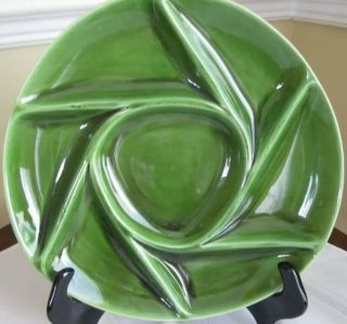 Two Vintage French Longchamp Fondue Plates Divided Green Pottery Dishes 10 "