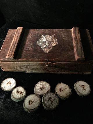 Old Devil Box Of Wood Runes Antique Witch Demon Vintage Occult Witchcraft Pagan