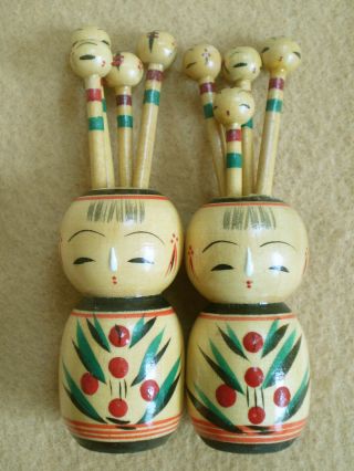2 Vintage Japanese Hand Painted Kokeshi Doll Toothpick Holders 4 Picks Each